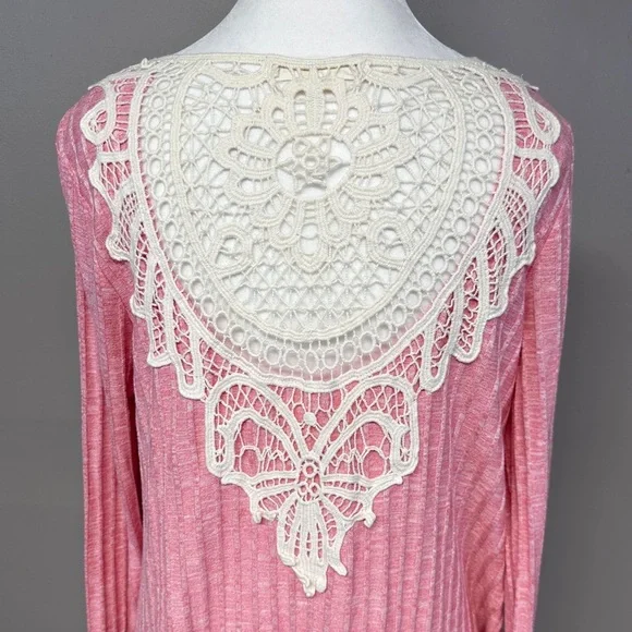 Rewind Heathered Pink Ribbed Crochet Lace Back Long Sleeve Top Size XL Coquette - Picture 3 of 9